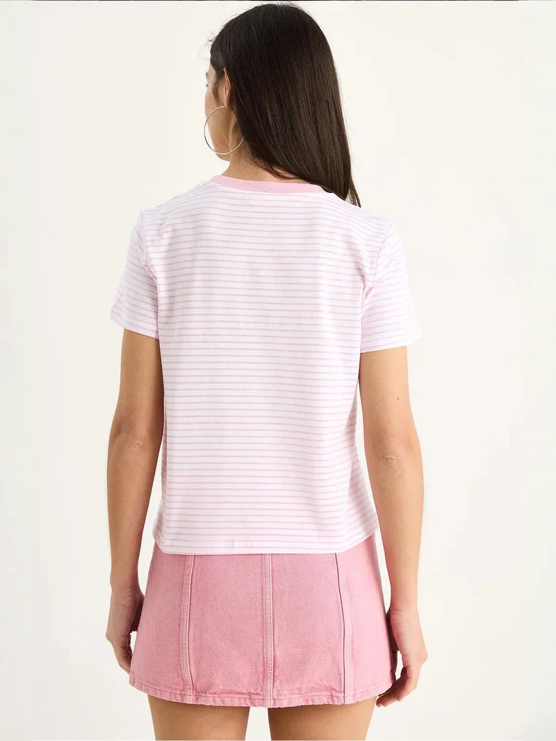 Bianco Lucci Bright Pink LUCCI Striped Embroidered Cotton T-Shirt for Women | Best Price UAE