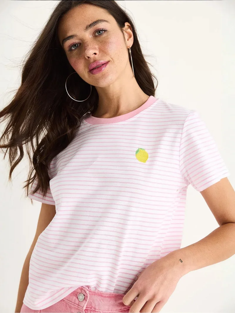Bianco Lucci Bright Pink LUCCI Striped Embroidered Cotton T-Shirt for Women | Best Price UAE
