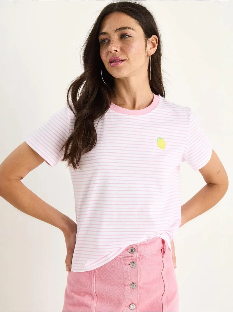 Bianco Lucci Bright Pink LUCCI Striped Embroidered Cotton T-Shirt for Women | Best Price UAE