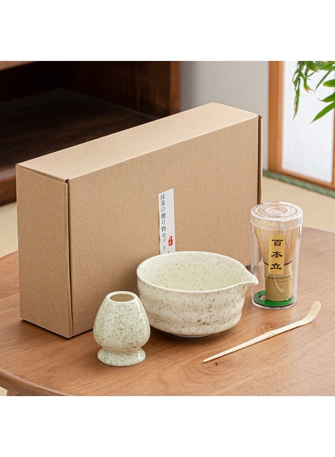 Satinior 4 Piece Matcha Tea Set Matcha Whisk Kit Matcha Ceramic Bowl Matcha Whisk, White Whisk Holder Traditional Scoop Perfect Set to a Traditional of Matcha Tool (Beige and green) - Image 1