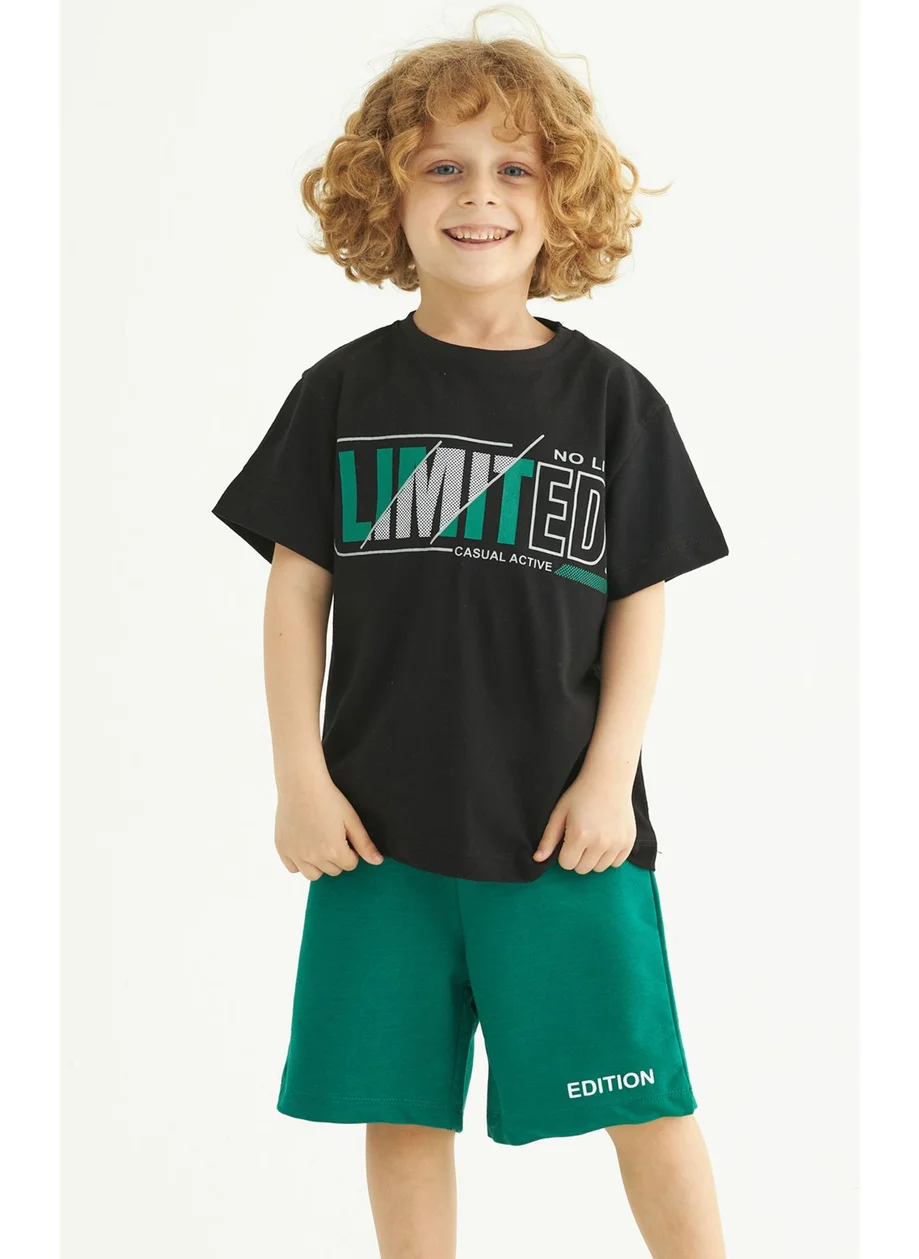 Zepkids Boy Black Colored Bike Neck Limited Printed Shorts Set