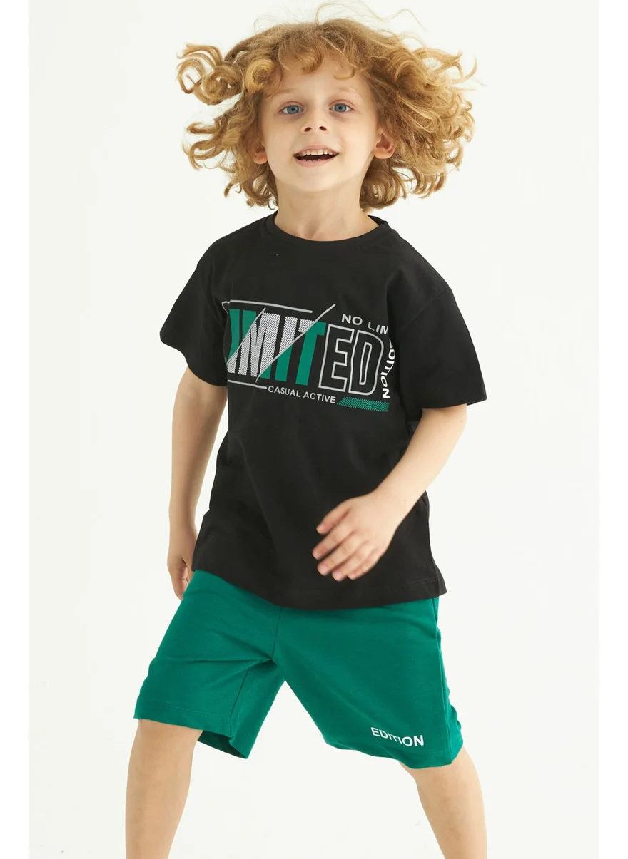 Zepkids Boy Black Colored Bike Neck Limited Printed Shorts Set