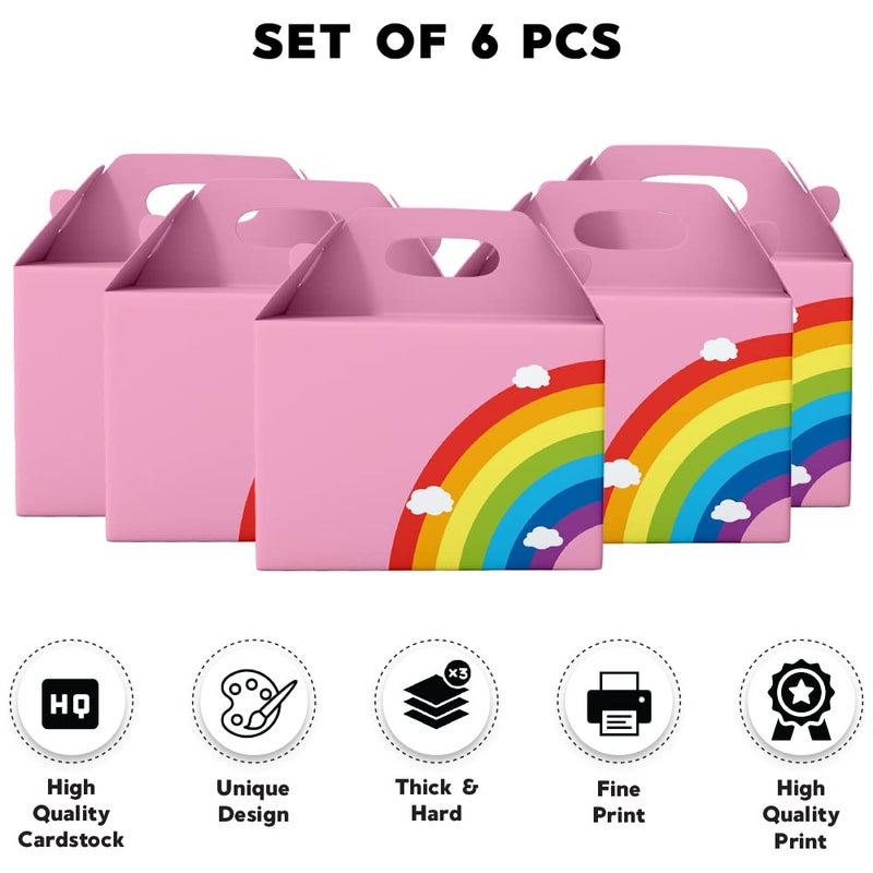Festiko® 6 Pcs Pink Party Treat Boxes With Rainbow & Cloud Sign, Rainbow Theme Boxes, Party Favor Boxes, Party Favor Candy Boxes, Gable Paper Gift Boxes with Handles, Rainbow Theme Party Supplies - Image 2