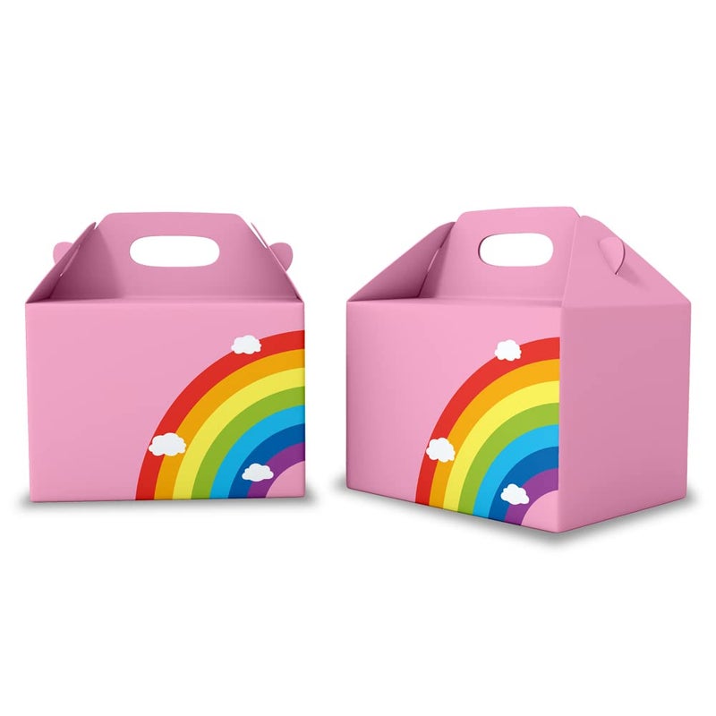 Festiko® 6 Pcs Pink Party Treat Boxes With Rainbow & Cloud Sign, Rainbow Theme Boxes, Party Favor Boxes, Party Favor Candy Boxes, Gable Paper Gift Boxes with Handles, Rainbow Theme Party Supplies - Image 1