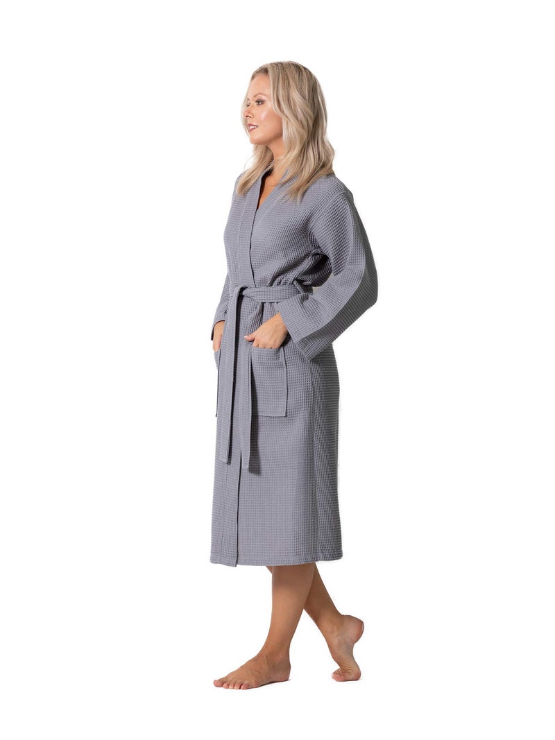 Turkish Linen Waffle Knit Lightweight Kimono Spa & Bath Robes for Women - Quick Dry - Soft (Gray, Medium) - Image 3