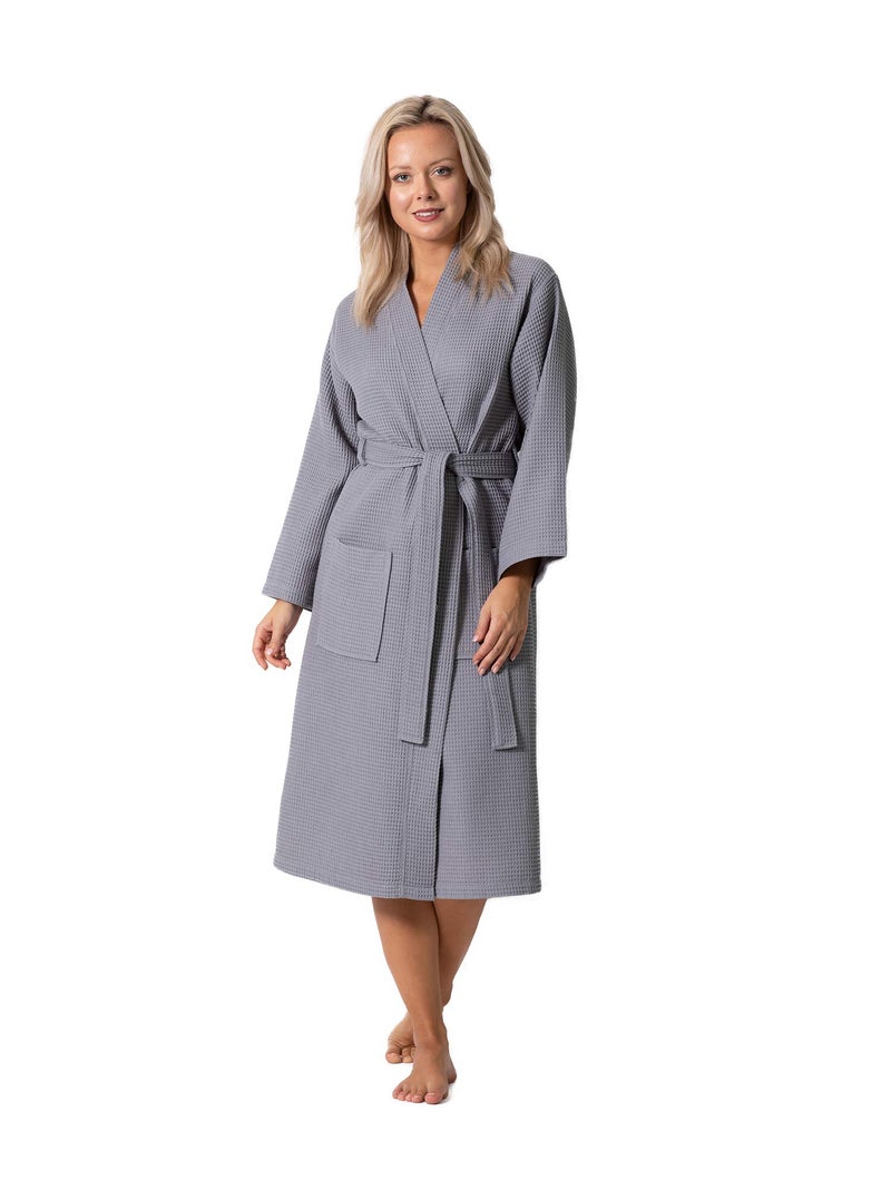 Turkish Linen Waffle Knit Lightweight Kimono Spa & Bath Robes for Women - Quick Dry - Soft (Gray, Medium) - Image 1
