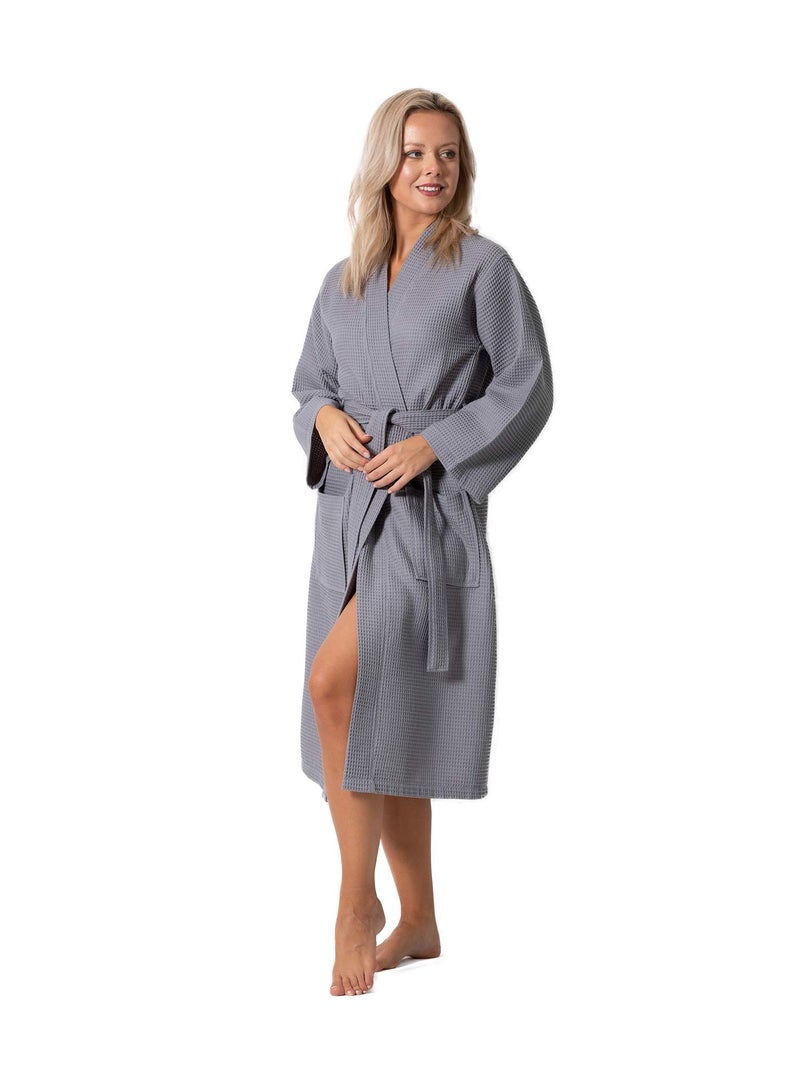 Turkish Linen Waffle Knit Lightweight Kimono Spa & Bath Robes for Women - Quick Dry - Soft (Gray, Medium) - Image 2