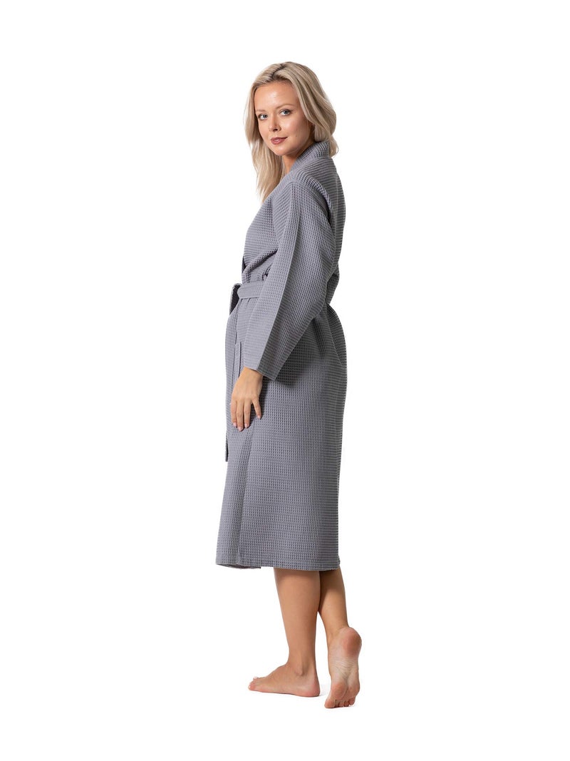 Turkish Linen Waffle Knit Lightweight Kimono Spa & Bath Robes for Women - Quick Dry - Soft (Gray, Medium) - Image 5