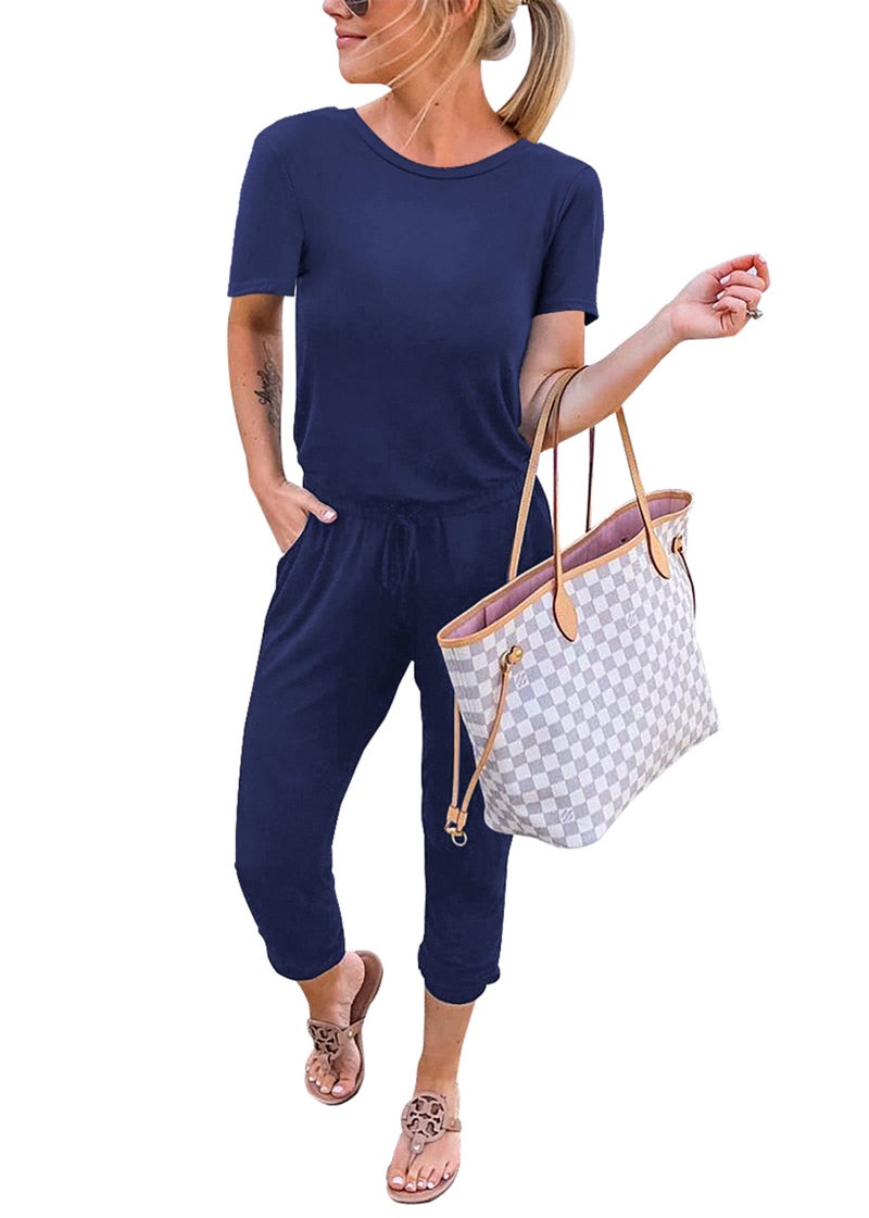 KIRUNDO Jumpsuits for Women Summer 2026 Casual Short Sleeve One Piece Outfits Drawstring Waist Long Pants Romper Jumpers(Navy, Medium) - Image 1