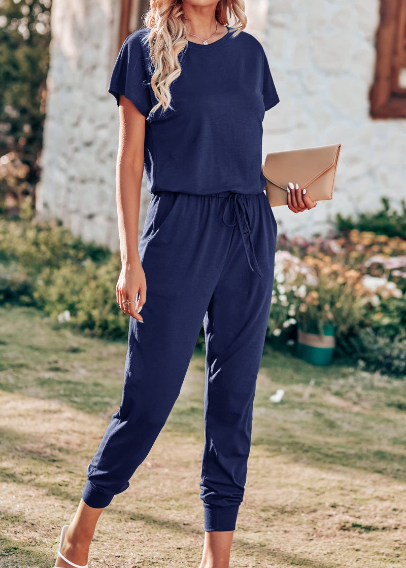 KIRUNDO Jumpsuits for Women Summer 2026 Casual Short Sleeve One Piece Outfits Drawstring Waist Long Pants Romper Jumpers(Navy, Medium) - Image 4