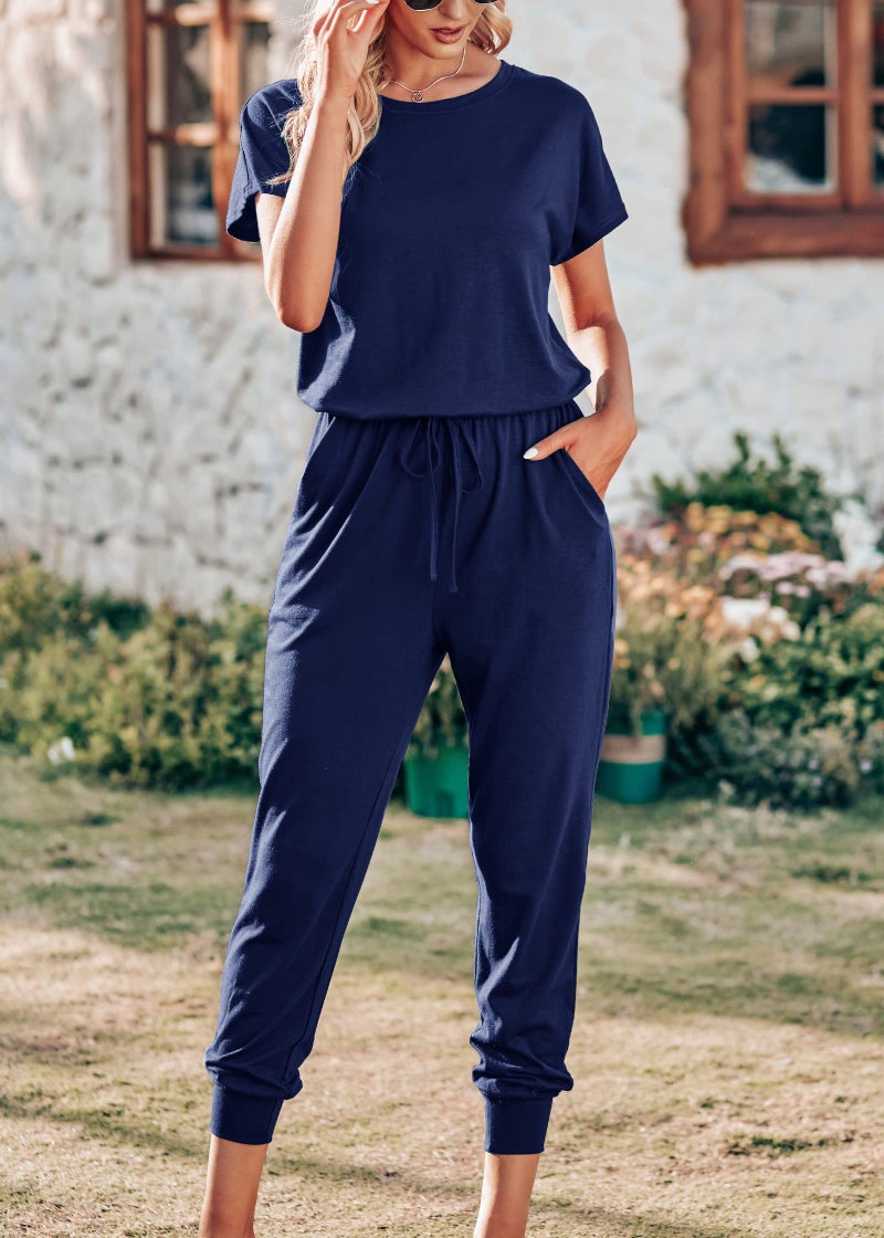 KIRUNDO Jumpsuits for Women Summer 2026 Casual Short Sleeve One Piece Outfits Drawstring Waist Long Pants Romper Jumpers(Navy, Medium) - Image 2