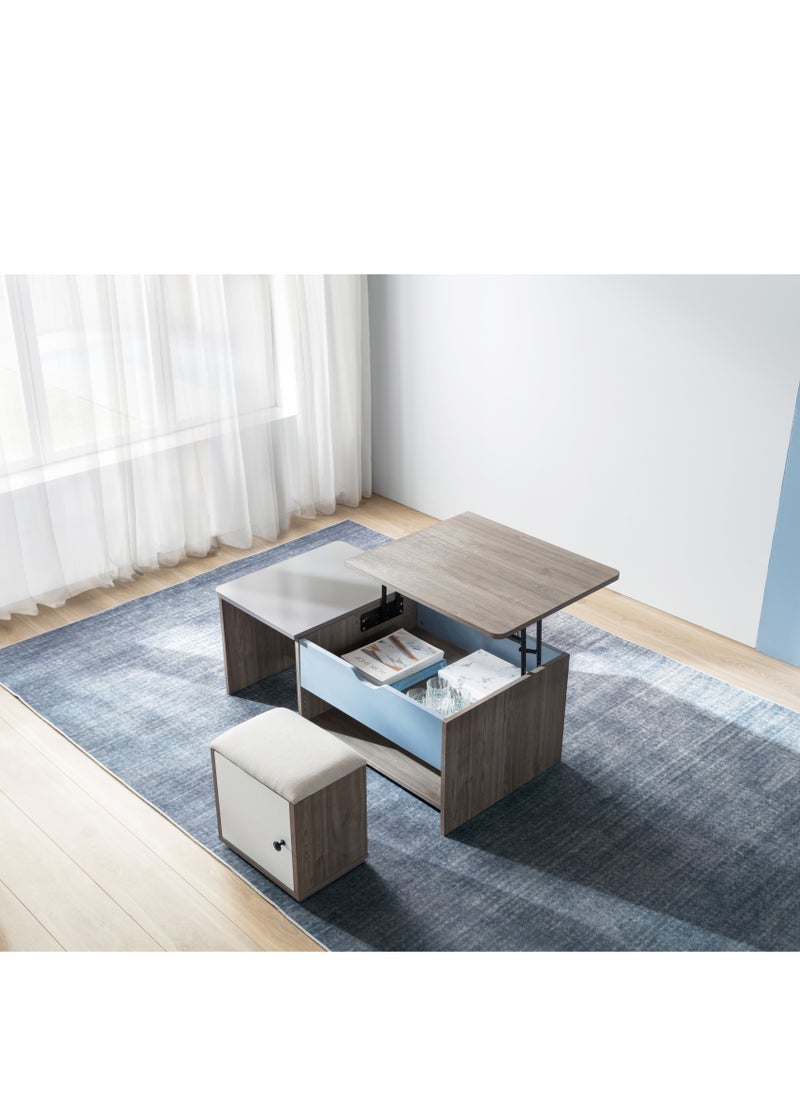 LINSY - LINSY - Modern Large Coffee Table With Sturdy Desk Function, Storage Compartment, And Stool Chair with Storage Compartment, Grey wood Color 116L x64W x 43.8H cm - Image 1