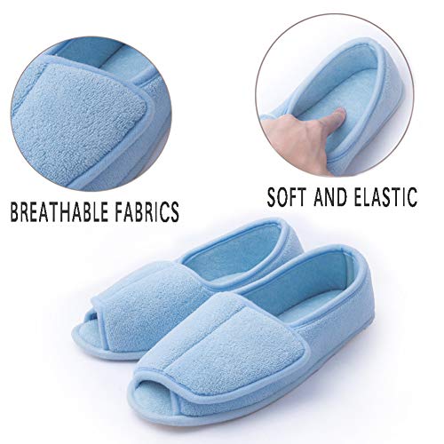 Git-up Women Diabetic Slippers/W Arthritis Edema Adjustable Closure Memory Foam House Shoes Open Toe 7#,Blue. - Image 3