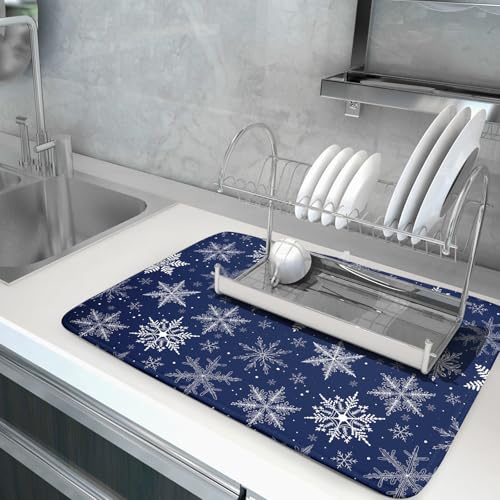 Sphragiyn Winter Blue Snowflake Dish Drying Mat for Kitchen Counter Holiday Super Absorbent Reversible Microfiber Kitchen Countertop Protector Dishes Pad Large 18x24 inch - Image 5