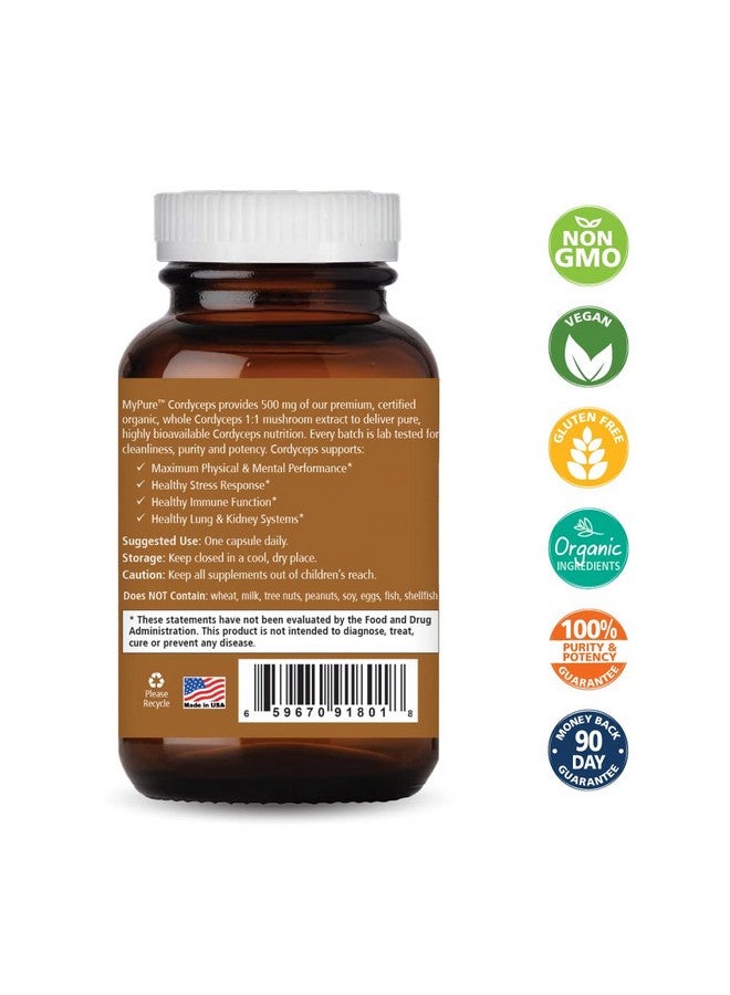 Mypure Cordyceps Organic Mushroom Supplement 100% Real Mushroom Extract Best For Immune Support Stress Relief Build Energy For Adult Men And Women (30 Capsules)