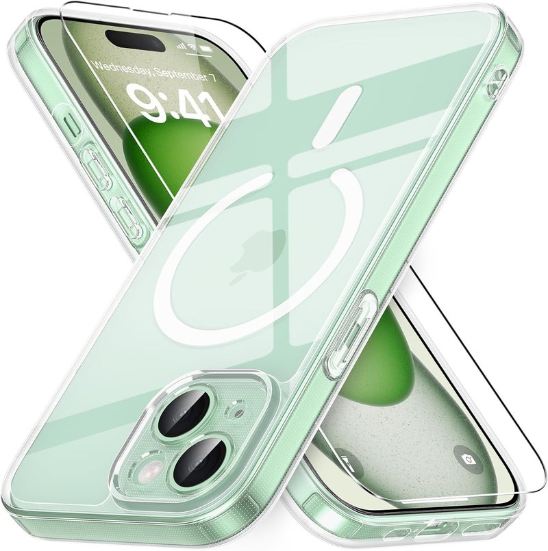 Magnetic Protective Case for iPhone 15 with 1 Tempered Glass Compatible with MagSafe Military Grade Drop Protection Matte Transparent Slim Shockproof Protective Case for iPhone 15