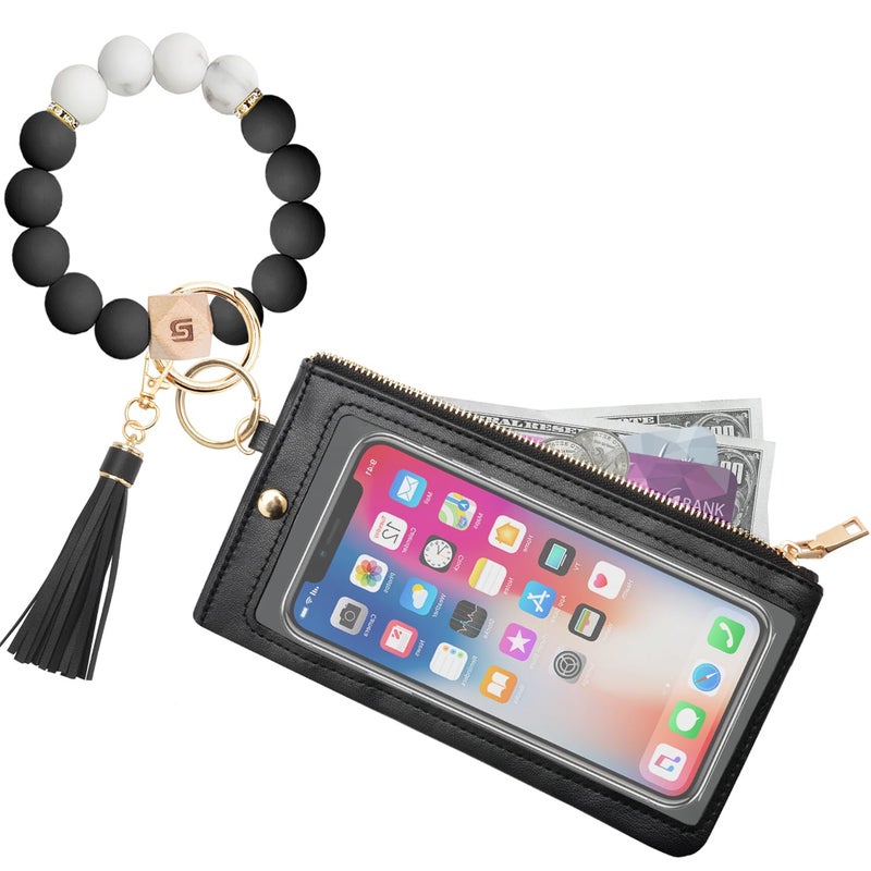 COOLANS Wristlet Bracelet Keychain Pocket Credit Card Holder Purse Tassel Keychain Bangle Key Ring for Women (Silicone Bead Bracelet+Cell Phone Purse(Black)) - Image 1