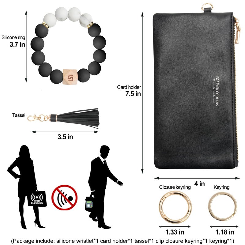 COOLANS Wristlet Bracelet Keychain Pocket Credit Card Holder Purse Tassel Keychain Bangle Key Ring for Women (Silicone Bead Bracelet+Cell Phone Purse(Black)) - Image 3