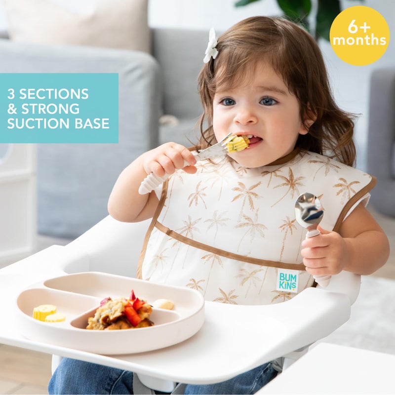Bumkins Toddler and Baby Suction Plate, Silicone Divided Grip Dish, Babies and Kids, Baby Led Weaning, Children Feeding Supplies, Non Skid Sticky Bottom, Platinum Silicone, Ages 6 Months Up, Beige - Image 2