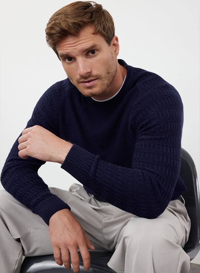 trendyol Navy Blue Slim Fit Crew Neck Textured Knitwear Sweater - Image 1
