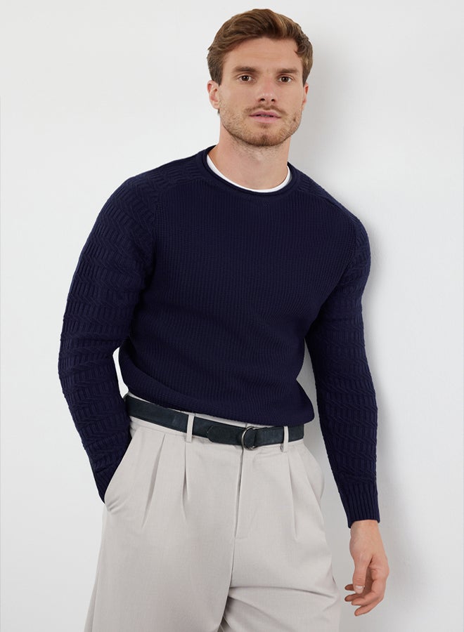 trendyol Navy Blue Slim Fit Crew Neck Textured Knitwear Sweater - Image 2