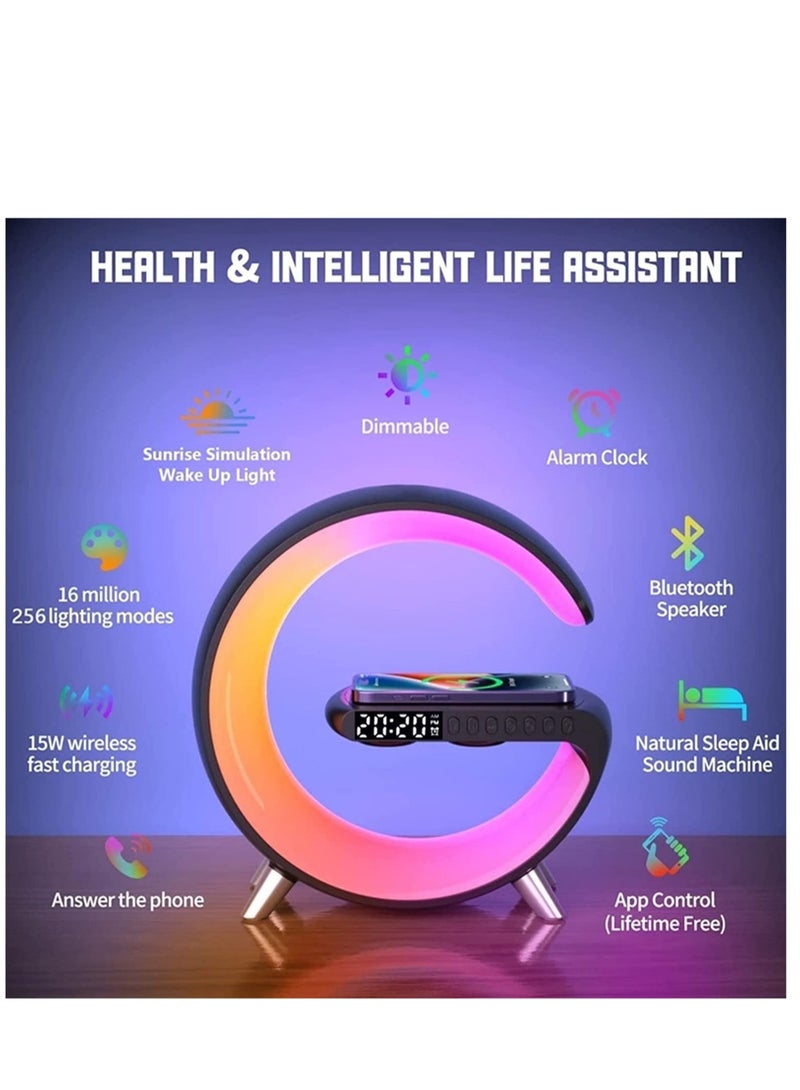 Wireless Charger Atmosphere Lamp, RGB Color Changing Mood Light with Time Display, 256 Modes and 16 Million Light Colors, Bluetooth Speaker Desk Lamp with Alarm Clock, Ideal Choice for Friends - Image 2