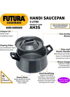Hawkins Futura Hard Anodised Handi Saucepan 3 Liter 18 cm 4.06 mm with 2 Short Handles Aluminium Black  - Image 2