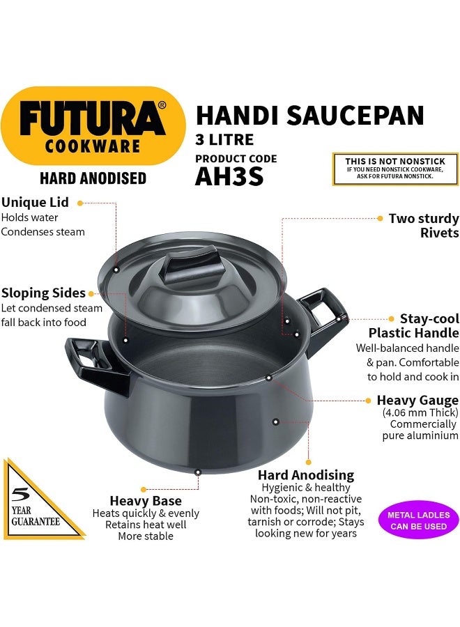 Hawkins Futura Hard Anodised Handi Saucepan 3 Liter 18 cm 4.06 mm with 2 Short Handles Aluminium Black  - Image 2