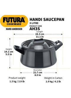 Hawkins Futura Hard Anodised Handi Saucepan 3 Liter 18 cm 4.06 mm with 2 Short Handles Aluminium Black  - Image 3