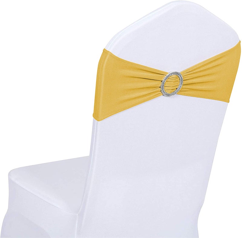Obstal Obstal 50 PCS Spandex Stretch Chair Sashes Bows for Wedding Reception- Universal Elastic Chair Cover Bands with Buckle Slider for Banquet  Party  Hotel Event Decorations Gold Sashes  - Image 1