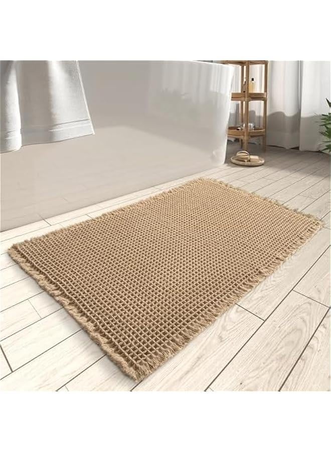 Upgraded Waffle Bath Mat, Super Absorbent Non Slip Bath Mats for Bathroom Floor, Machine Washable Bathroom Rugs with Tassels, Rubber Backed Bathroom Mats, Ultra Soft, 17 x 24, Brown  - Image 1