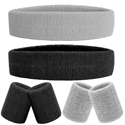 IMAGERIO 6 Pieces Sweatband Set Sports Headband Wristband Set Moisture Wicking Athletic Sweatbands 4 Wrist Sweatband and 2 Headbands Terry Cloth Sweat Absorbing Head Band for Workout Black Gray - Image 1