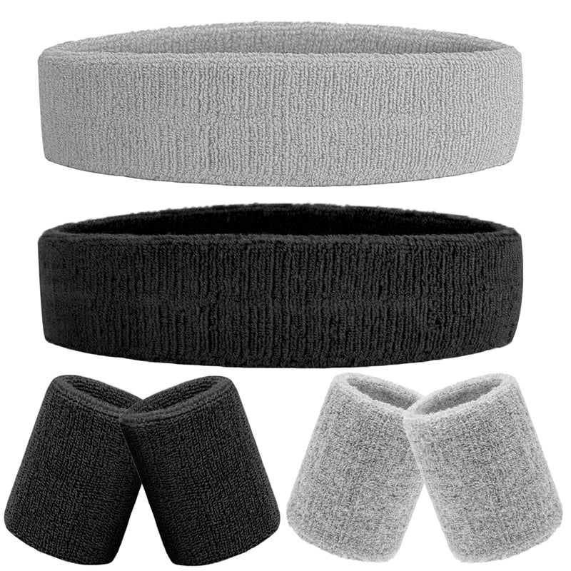 IMAGERIO 6 Pieces Sweatband Set Sports Headband Wristband Set Moisture Wicking Athletic Sweatbands 4 Wrist Sweatband and 2 Headbands Terry Cloth Sweat Absorbing Head Band for Workout Black Gray - Image 2