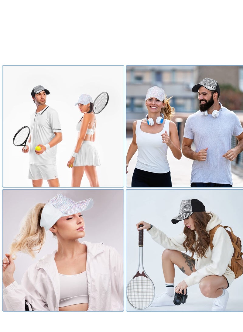 Excefore قبعة بيسبول مزينة بالأحجار اللامعة، قبعة نسائية براقة، قبعة مزينة بالأحجار اللامعة، قبعة بيسبول قابلة للتعديل مع لامعة للرجال، قبعة رياضية للسفر صيفية باللونين الأسود والأبيض 2 قطعة - Image 2