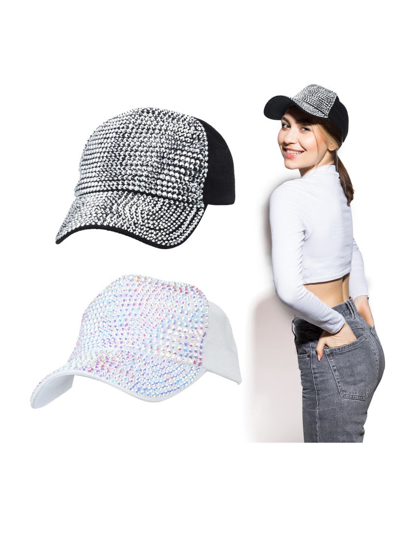 Excefore قبعة بيسبول مزينة بالأحجار اللامعة، قبعة نسائية براقة، قبعة مزينة بالأحجار اللامعة، قبعة بيسبول قابلة للتعديل مع لامعة للرجال، قبعة رياضية للسفر صيفية باللونين الأسود والأبيض 2 قطعة - Image 1