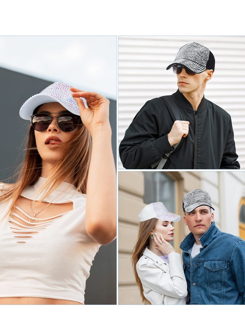 Excefore قبعة بيسبول مزينة بالأحجار اللامعة، قبعة نسائية براقة، قبعة مزينة بالأحجار اللامعة، قبعة بيسبول قابلة للتعديل مع لامعة للرجال، قبعة رياضية للسفر صيفية باللونين الأسود والأبيض 2 قطعة - Image 3