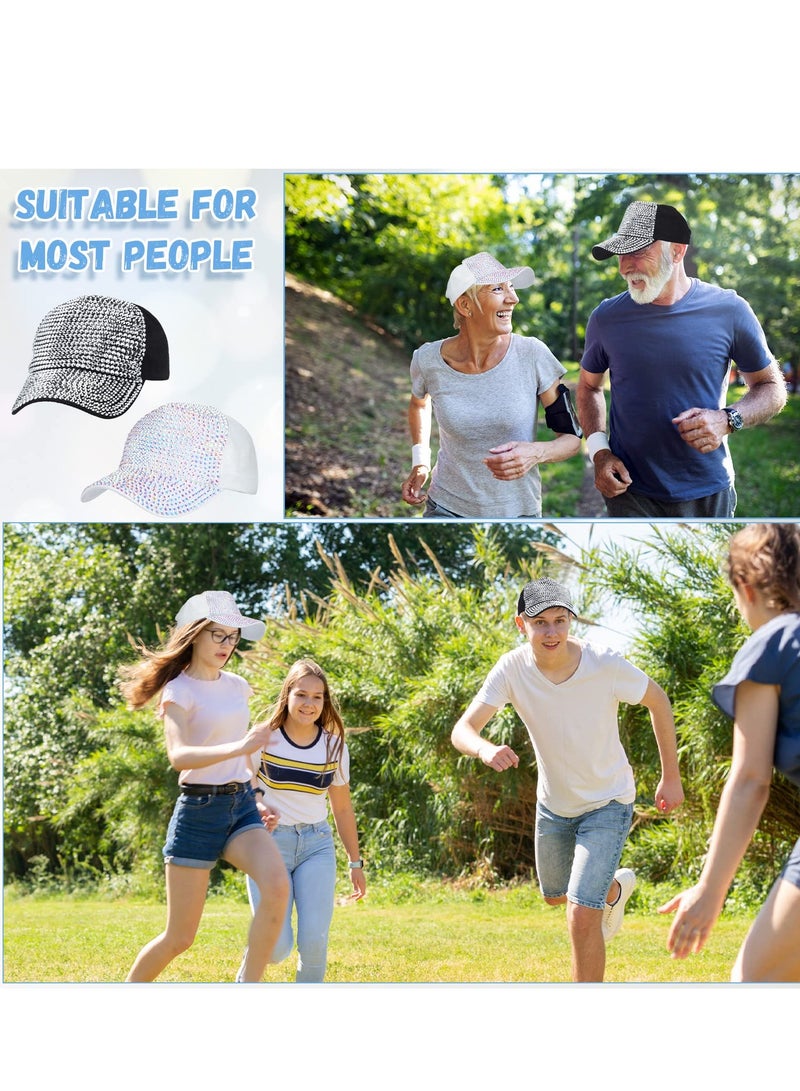 Excefore قبعة بيسبول مزينة بالأحجار اللامعة، قبعة نسائية براقة، قبعة مزينة بالأحجار اللامعة، قبعة بيسبول قابلة للتعديل مع لامعة للرجال، قبعة رياضية للسفر صيفية باللونين الأسود والأبيض 2 قطعة - Image 5