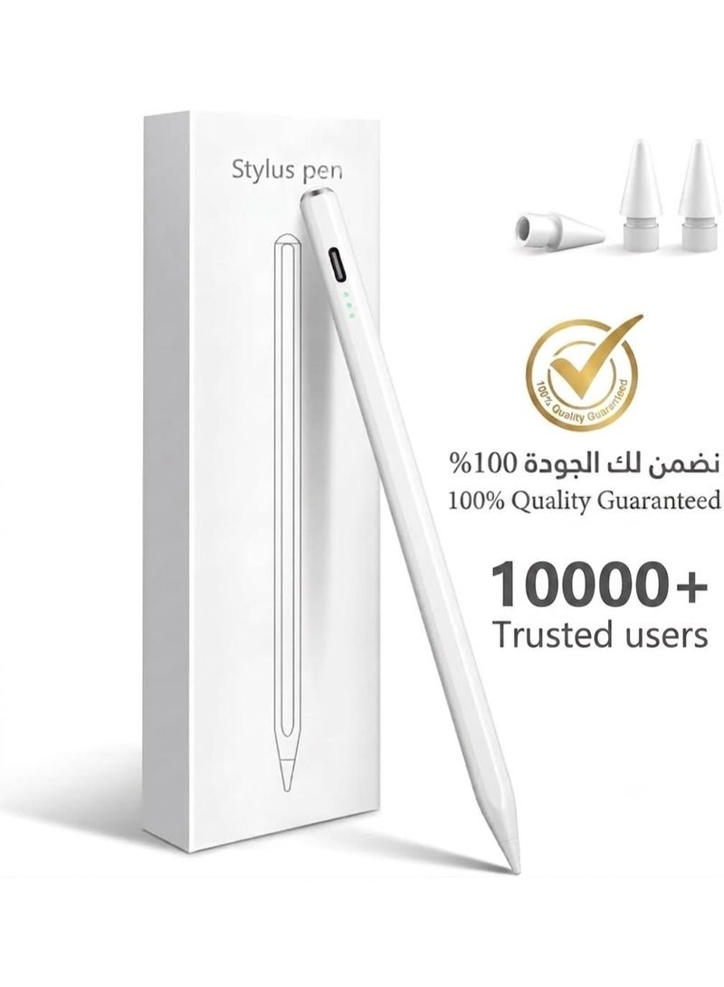 قلم ايباد ستايلس ذكي احترافي متوافق مع جميع أجهزة iPad من 2018 حتى 2026 –)- يدعم الجيل 11 وiPad A16 والجيل العاشر والتاسع والثامن والسابع والسادس وiPad Pro وiPad Air وiPad Mini – كتابة دقيقة وسلسة بدون تأخير – يدعم راحة اليد (Palm Rejection) – شحن سريع خلال دقايق– بطارية تدوم حتى 10 ساعة – تشغيل باللمس – يشمل 2 رؤوس إضافية – مخصص لأجهزة الايباد فقط وغير متوافق مع أجهزة أندرويد مثلا لايدعم هواوي وهونر