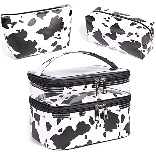FITINI 3 Pieces Makeup Bags Double Layer Travel Large White Cows Cosmetic Cases Organizer Toiletry Bags Waterproof Small Zipper Pouch for Women Makeup Brush Storage Bag - Image 1