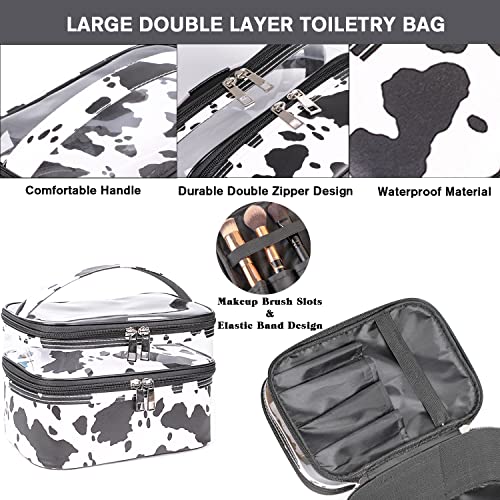FITINI 3 Pieces Makeup Bags Double Layer Travel Large White Cows Cosmetic Cases Organizer Toiletry Bags Waterproof Small Zipper Pouch for Women Makeup Brush Storage Bag - Image 3