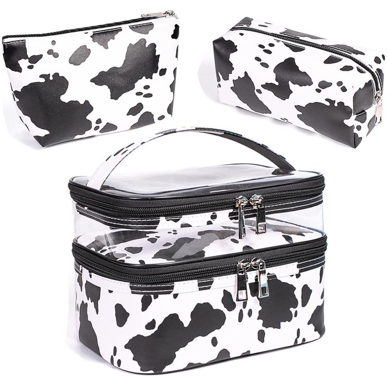 FITINI 3 Pieces Makeup Bags Double Layer Travel Large White Cows Cosmetic Cases Organizer Toiletry Bags Waterproof Small Zipper Pouch for Women Makeup Brush Storage Bag - Image 2