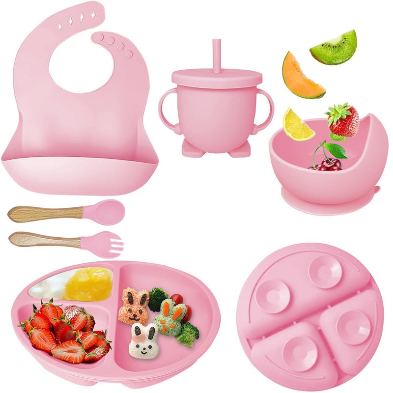Tinytotem Tiny Totem 6pcs Silicone Baby Feeding Set for Kids Tableware Kit for Toddlers Bowl, Fork, Bib, Spoon, Cup & Suction Plates for Babies Girls Pink Cute Gifts for Kids - Image 1