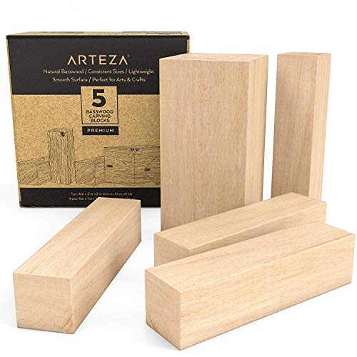 ARTEZA Basswood Carving Blocks, Set of 5, One 4 x 2 x 2 Inches and Four 4 x 1 x 1 Inches, Wood Blocks for Carving, Crafting, Whittling - Image 1