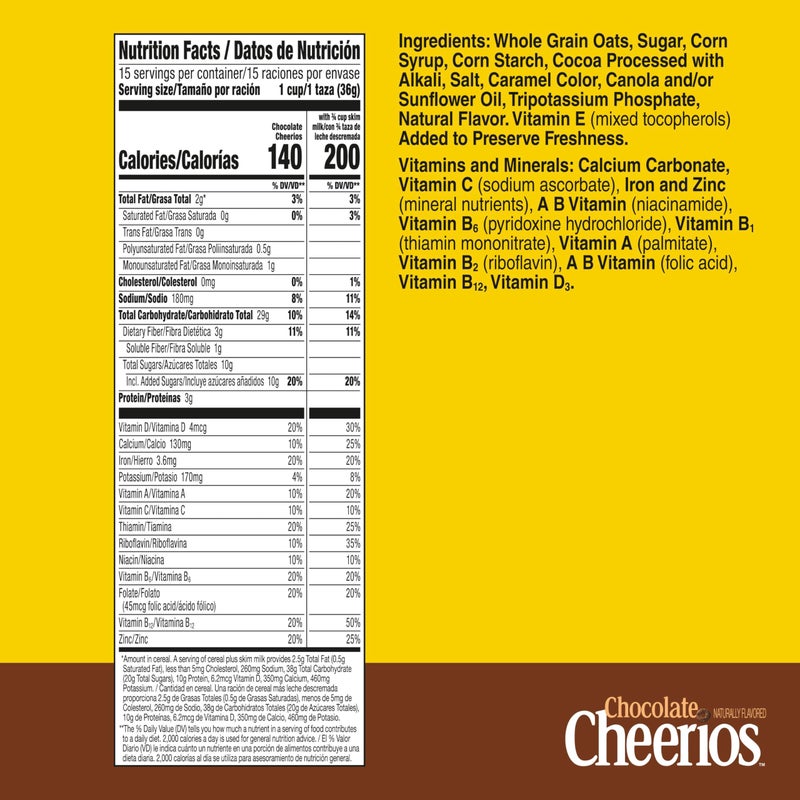 Cheerios Chocolate Cheerios, Heart Healthy Gluten Free Breakfast Cereal, Made with Whole Grain Oats, Family Size, 19.2 oz - Image 2