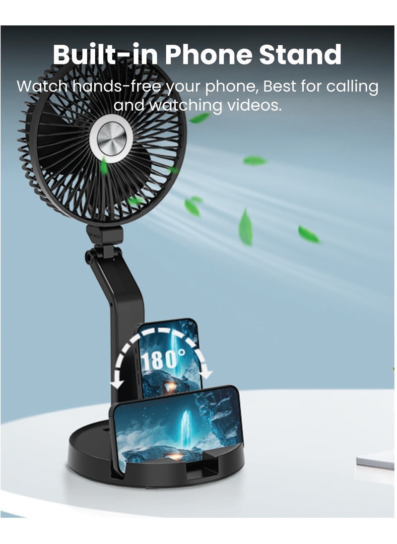 Moxedo Moxedo Oscillating Fan Wall Mount Foldable Desk Stand Hanging, USB Rechargeable Battery Adjustable 3 Speeds with Built-in Phone Stand for Home Office Travel - Black  - Image 4