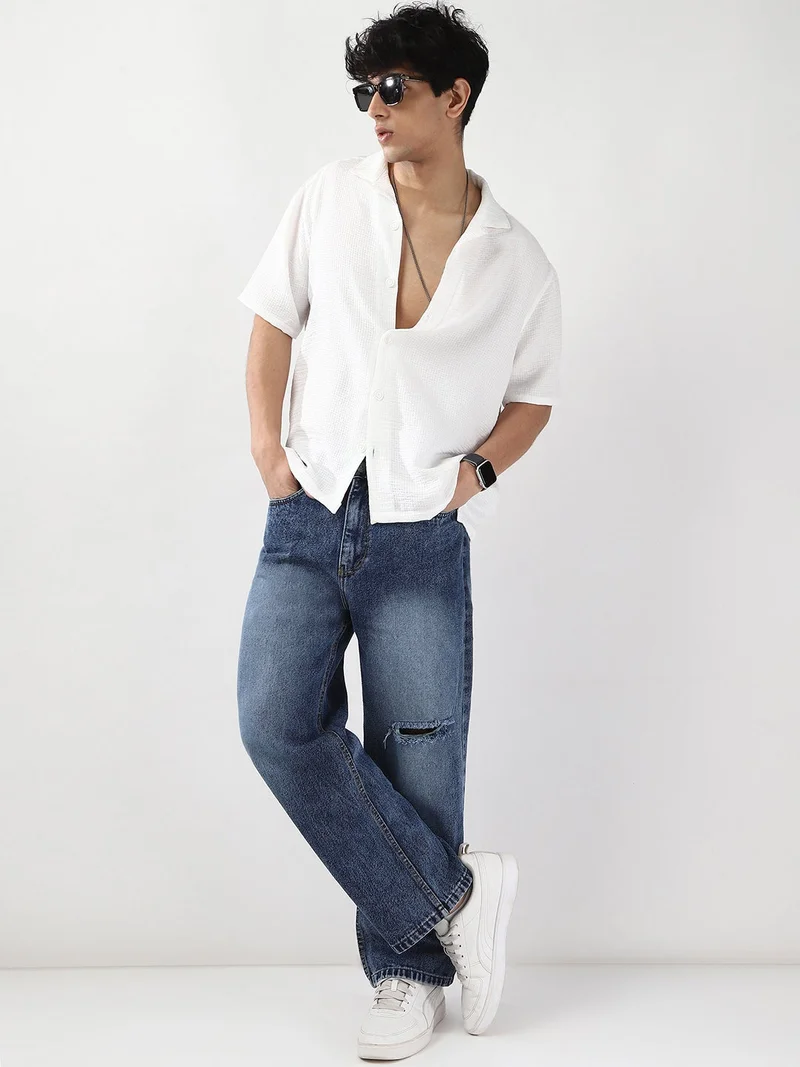 Urbano Fashion  Urbano Fashion Men's White Cotton Half Sleeve Oversized Fit Textured Shirt with Cuban Collar  | Best Price UAE