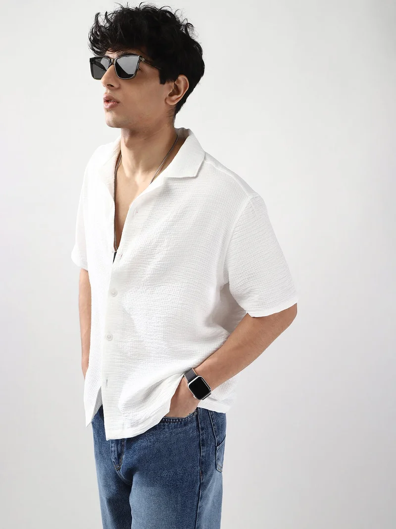 Urbano Fashion  Urbano Fashion Men's White Cotton Half Sleeve Oversized Fit Textured Shirt with Cuban Collar  | Best Price UAE