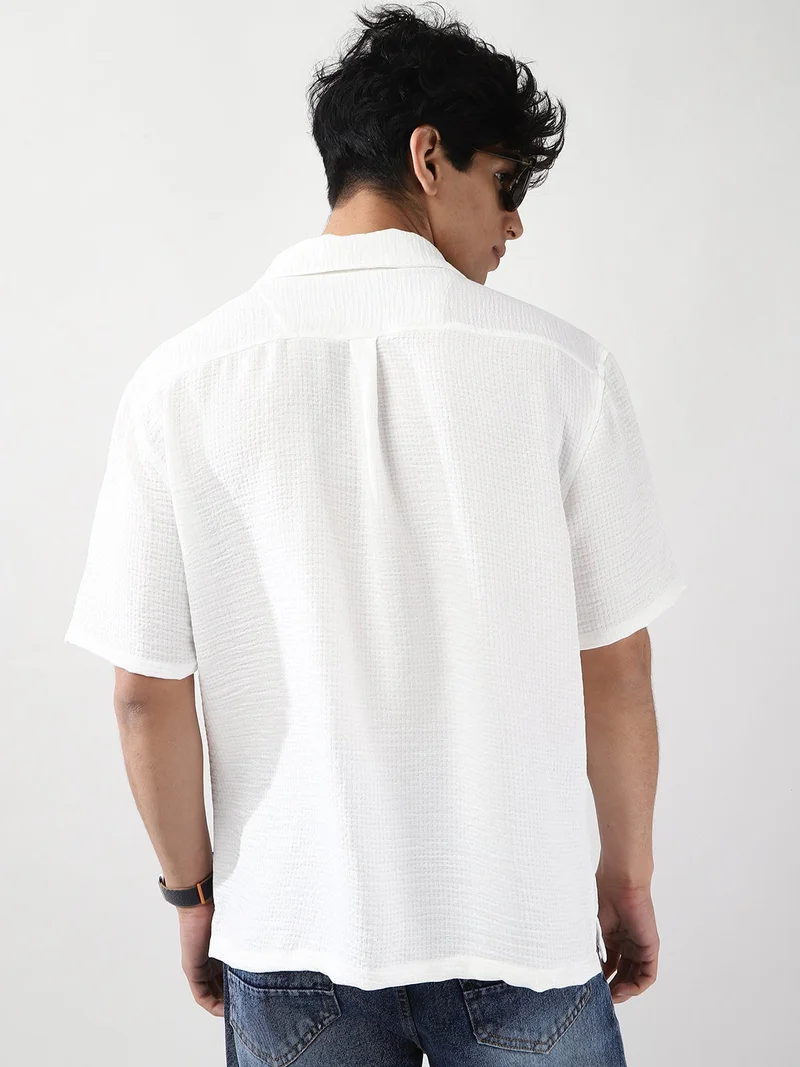 Urbano Fashion  Urbano Fashion Men's White Cotton Half Sleeve Oversized Fit Textured Shirt with Cuban Collar  | Best Price UAE