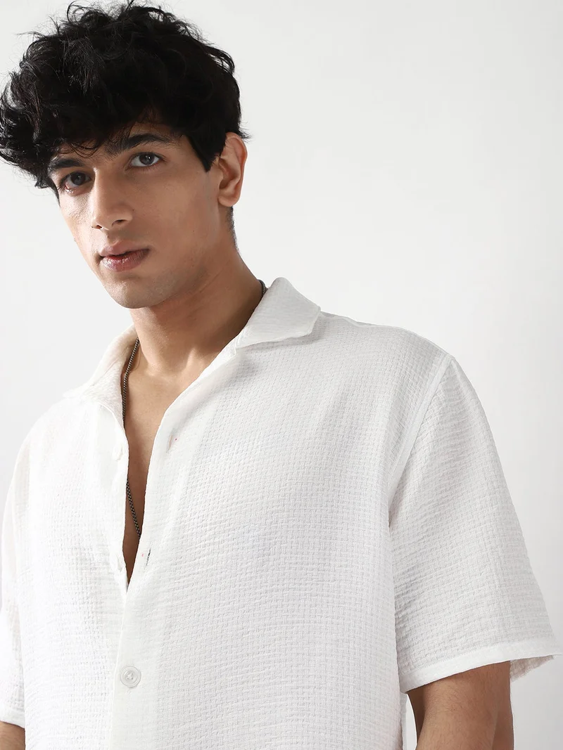 Urbano Fashion  Urbano Fashion Men's White Cotton Half Sleeve Oversized Fit Textured Shirt with Cuban Collar  | Best Price UAE
