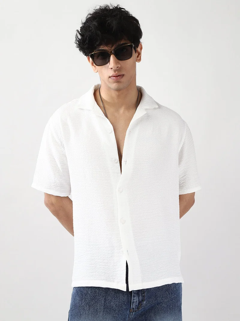 Urbano Fashion Men's White Cotton Half Sleeve Oversized Fit Textured Shirt with Cuban Collar